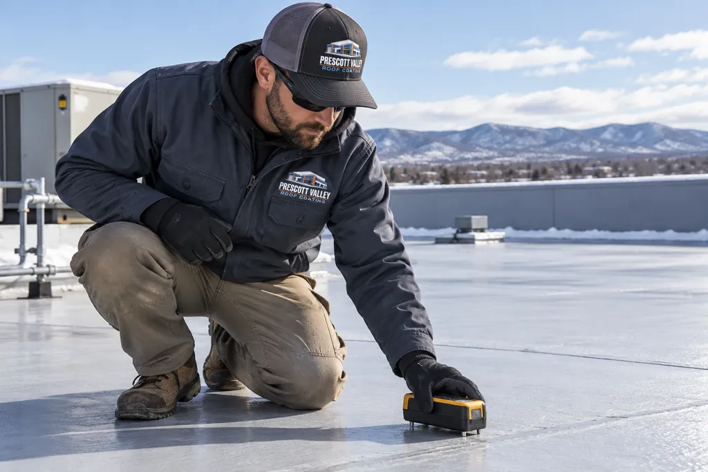 Inspector checking a commercial roof with a moisture meter