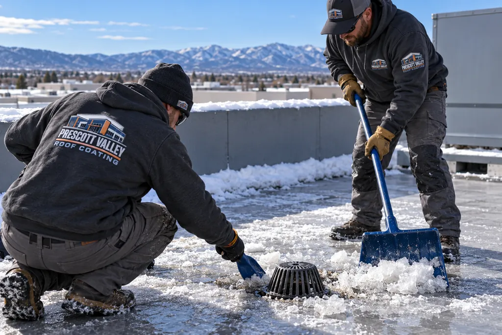 Roofing crew clearing ice around a commercial roof drain