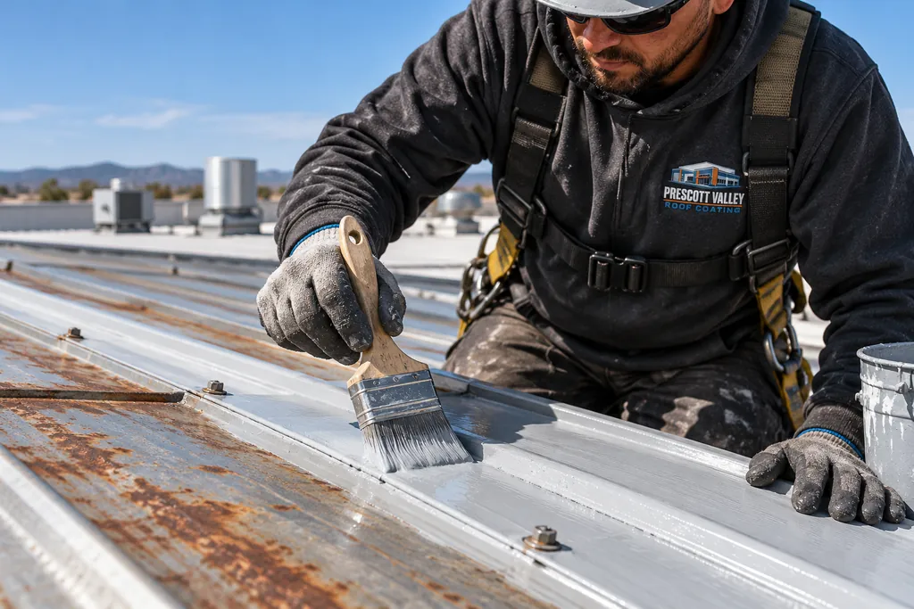 Roofer applying primer along a prepared metal roof panel lap