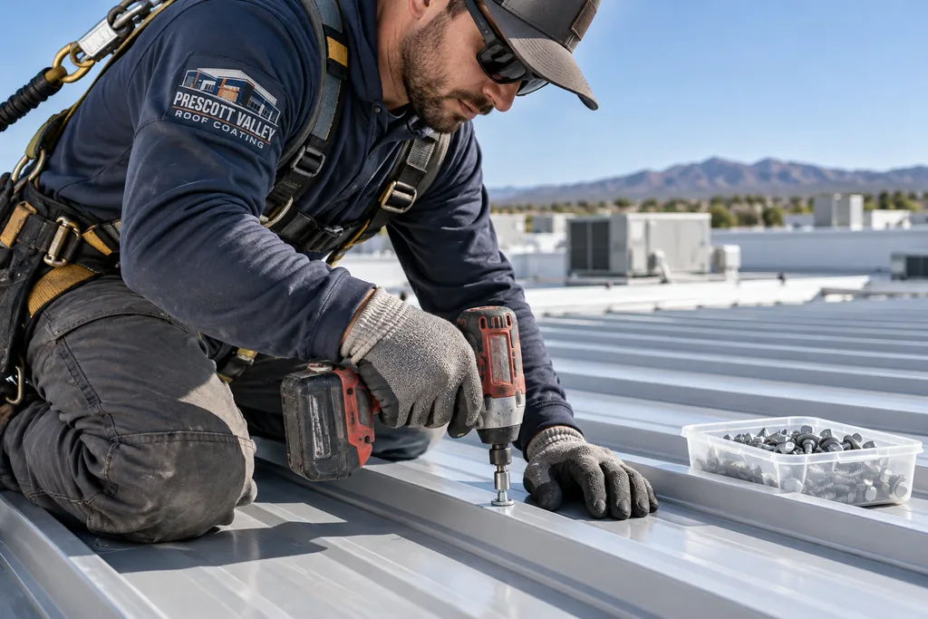 Roofer replacing a fastener on a commercial metal roof