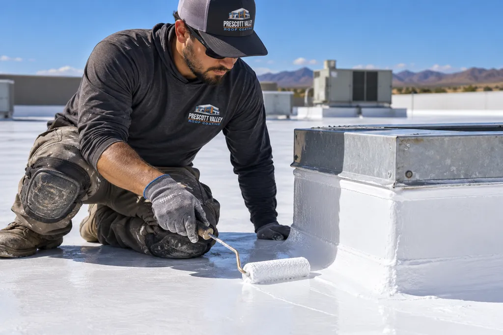 Worker rolling white acrylic coating around a rooftop curb