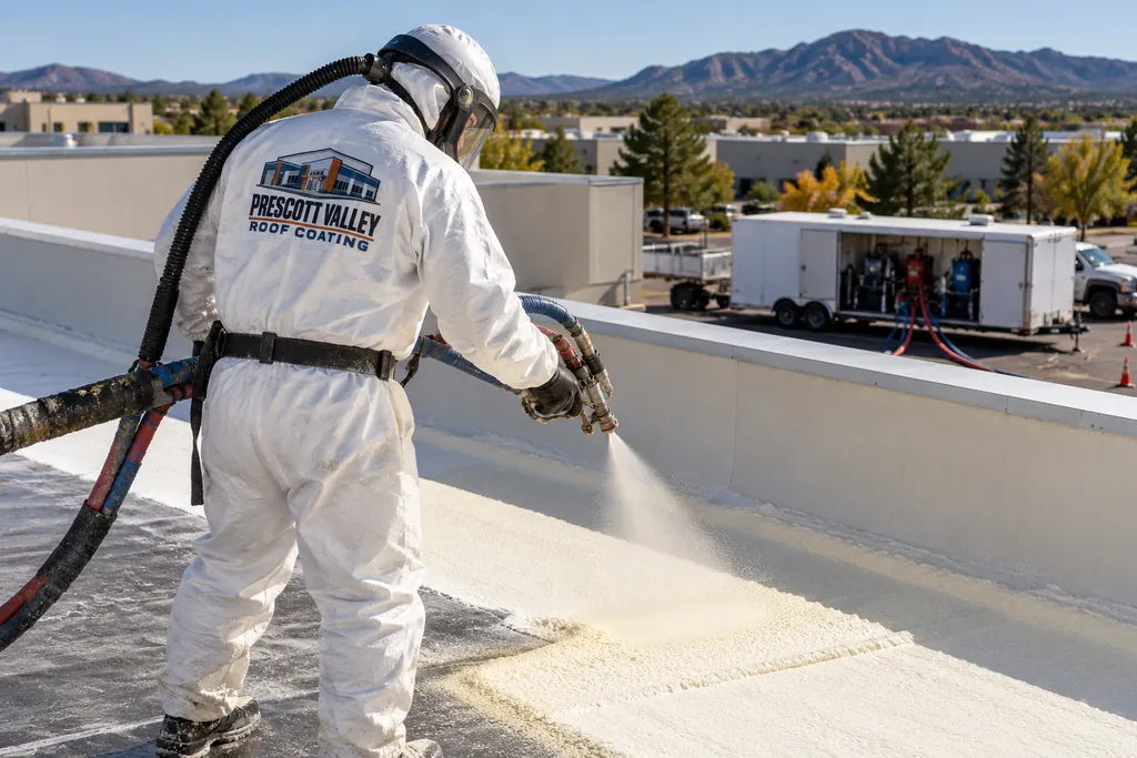 Protected applicator installing spray foam roofing