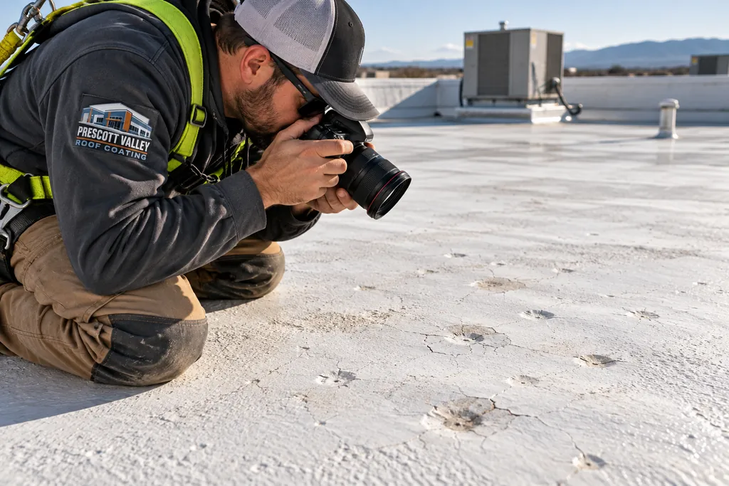 Worker documenting impact marks on a coated foam roof