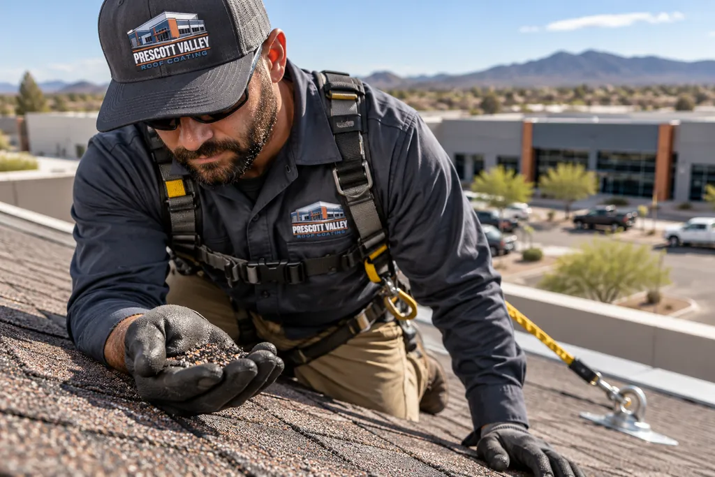 Inspector examining loose granules from a commercial shingle roof