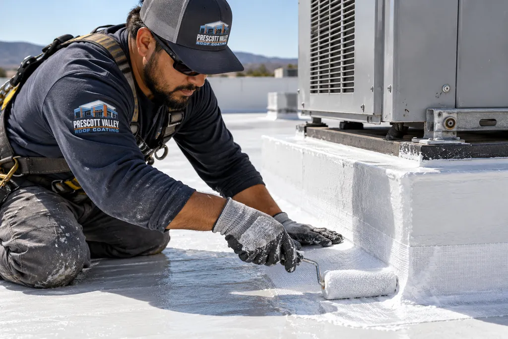 Roofer applying reinforcing fabric and coating around an HVAC curb