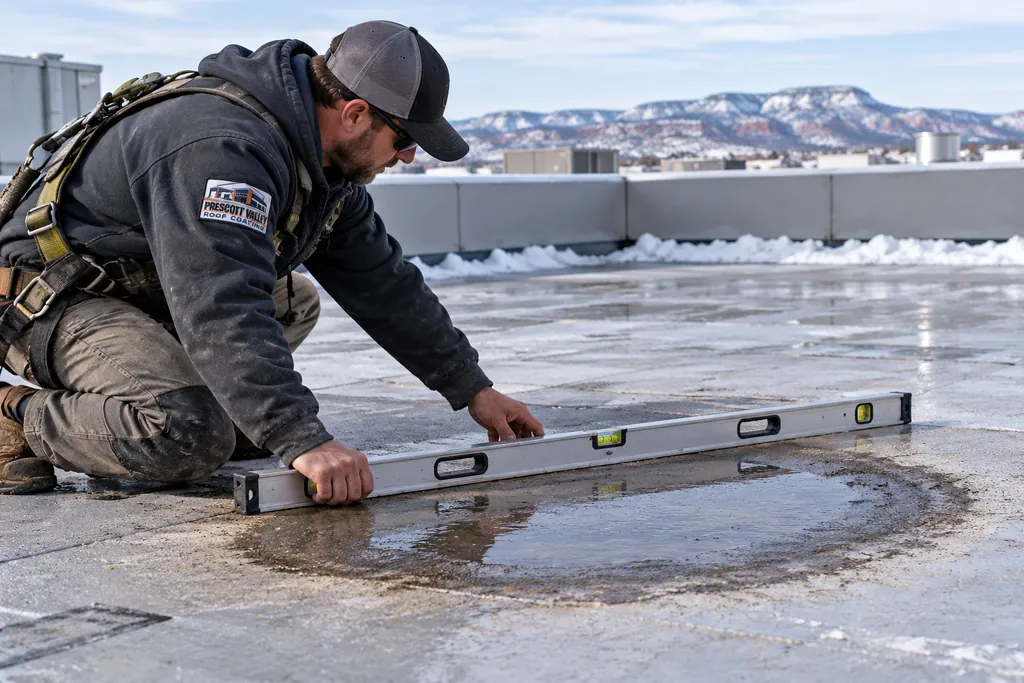 Worker checking a low area on a commercial roof with a spirit level